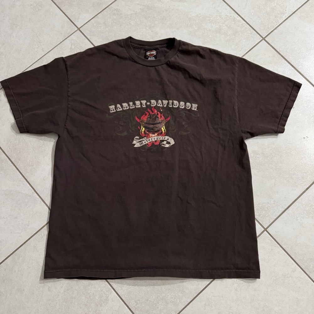Vintage Harley Davidson Shirt Mens 2XL Brown Skull‎ Cowboy Flame Biker Y2K